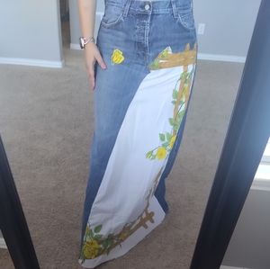 Vintage 7 for all mankind denim button fly yellow rose maxi skirt sz 34